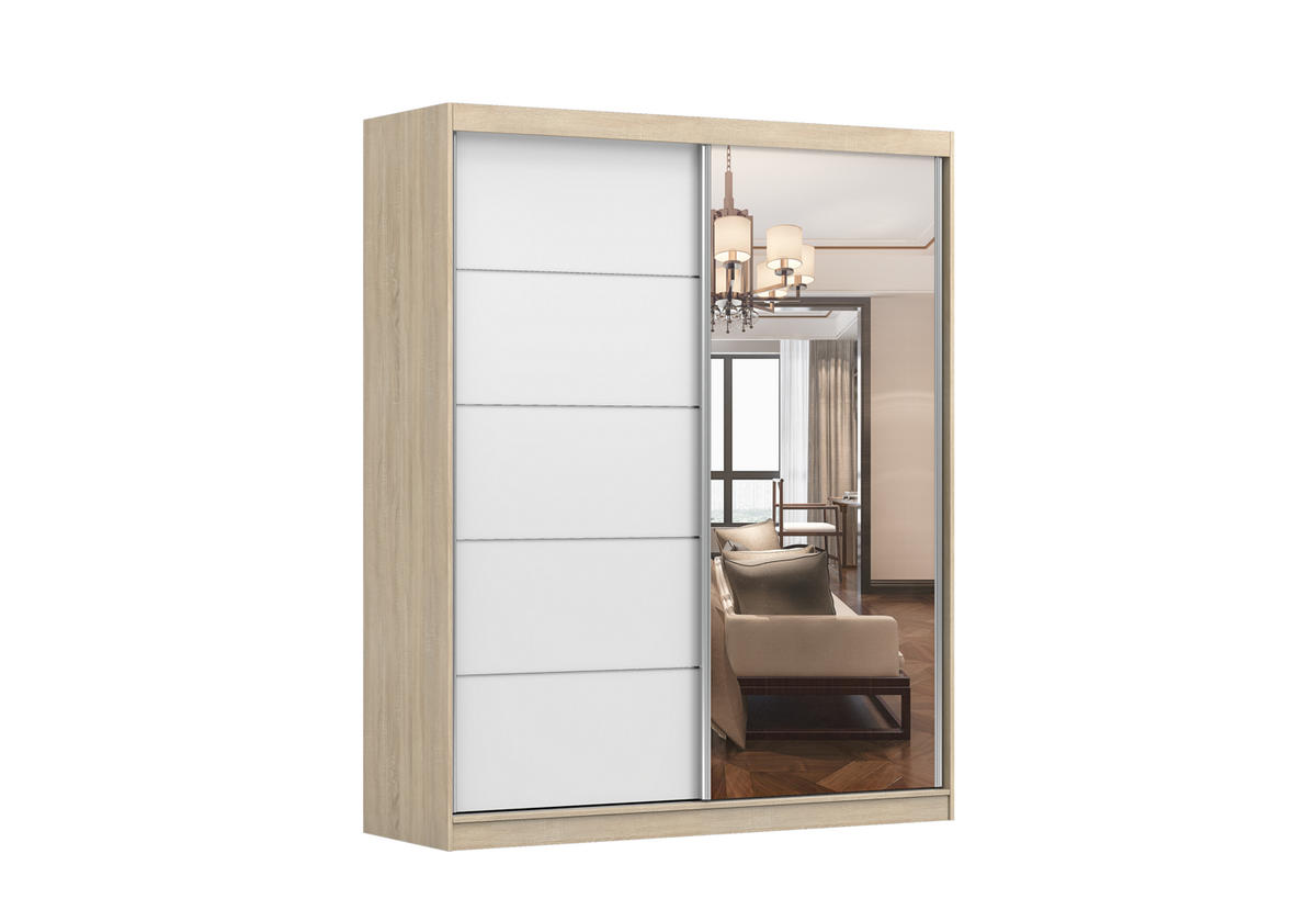 SCHIEBETÜRENSCHRANK - Tess 03 Sonoma + Weiß - Weiß/Sonoma Eiche, Holzwerkstoff/Metall (183/218/61cm) - Möblo