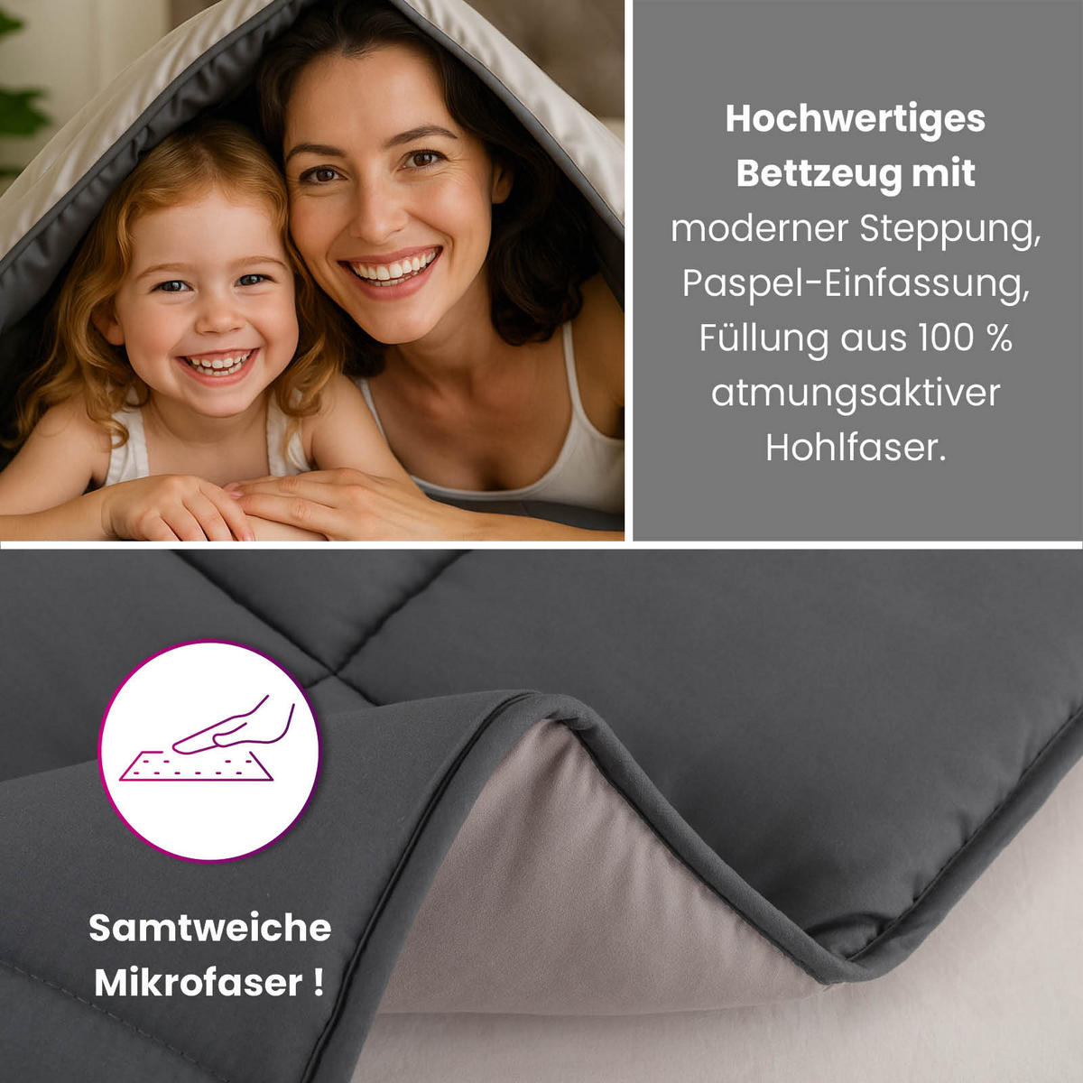 PLÜSCH Steppbett Bi-Color im Wende-Design grau 135x200 - Grau, Textil (135/200cm) - wometo