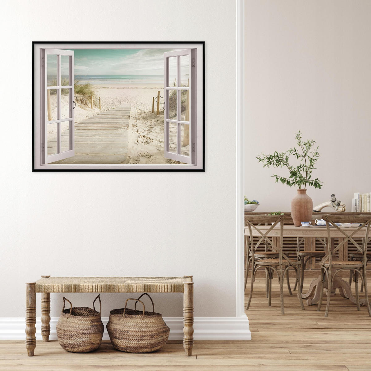 BILDER mit Rahmen Fenster Strand Beige 60x40 cm - Multicolor, Holzwerkstoff (60/40cm) - Wallarena