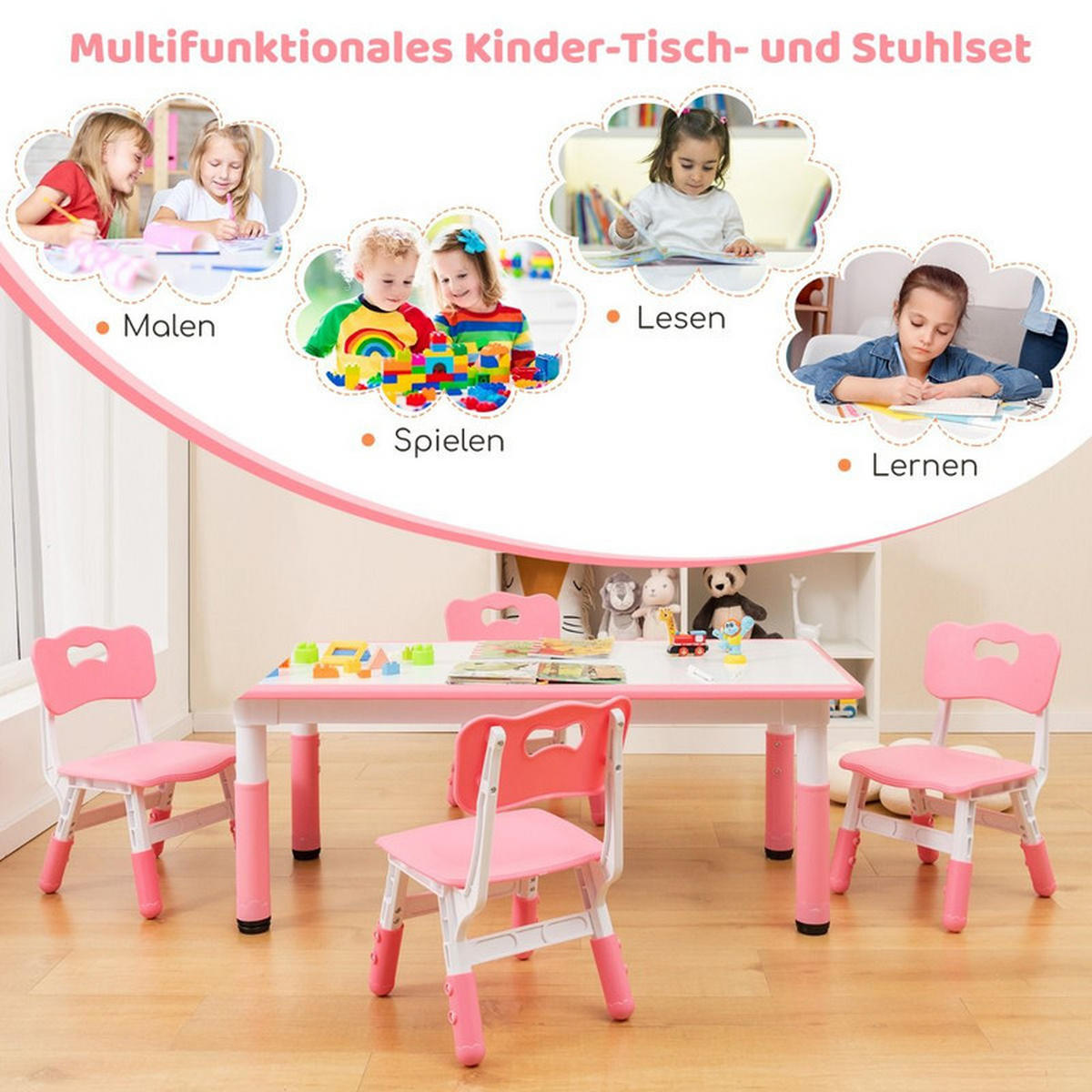 KINDERTISCH mit 4 Stühlen rosa(5-tlg) - Pink, Kunststoff (120/60/60cm) - COSTWAY