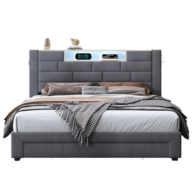 SHOPENTRA ČALOUNĚNÁ postel 140x200 cm šedá s LED, USB, 3 zásuvkami