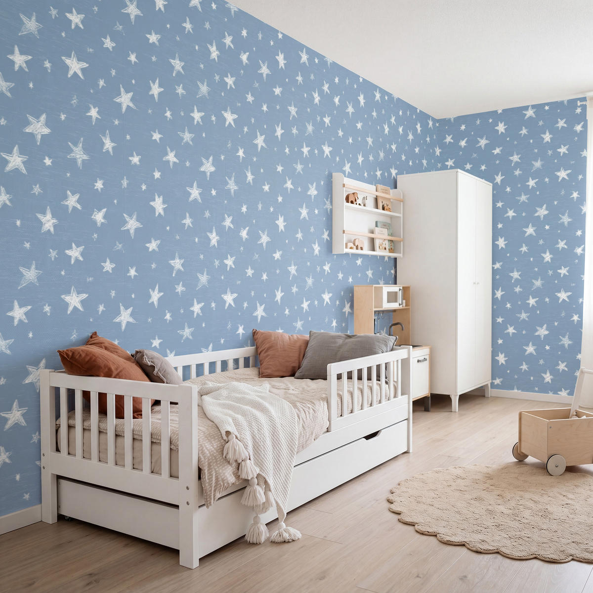 KINDERTAPETE - Sterne - Muster - Blau - 450x200 cm - Hellblau, Papier (450/200cm) - OnlyWow