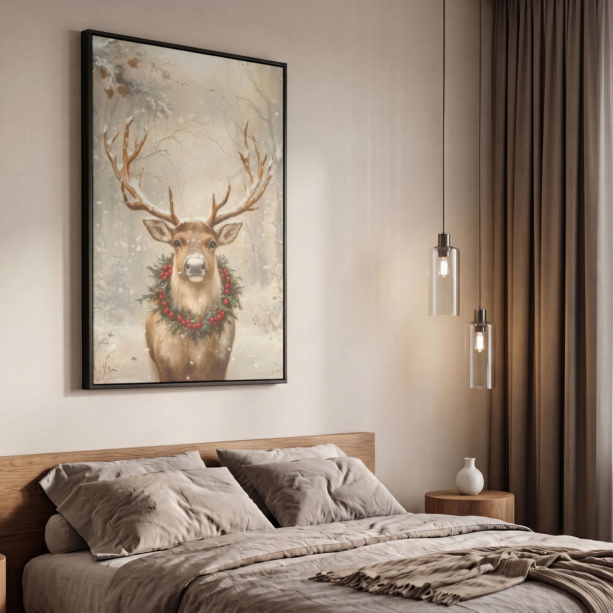 LEINWAND Bilder mit Rahmen - Weihnachten - Rentier - Winter - Kranz - 60x90 - Naturfarben, Textil (60/90cm) - MuchoWow