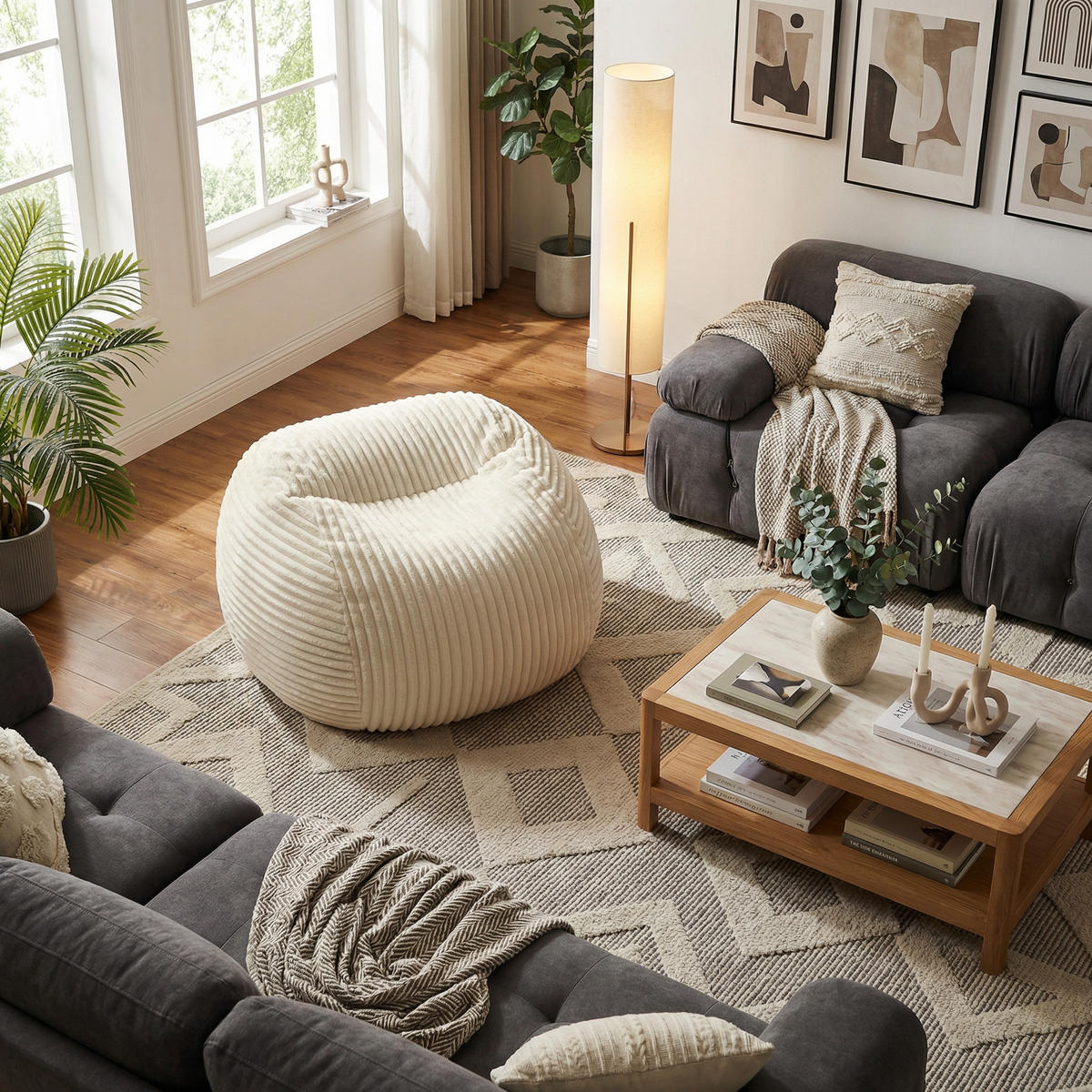 SITZSACK XXL Beige aus edlem Cord Ergonomischer Montagefrei - Beige, Textil (34/24/34cm) - Urban Meuble