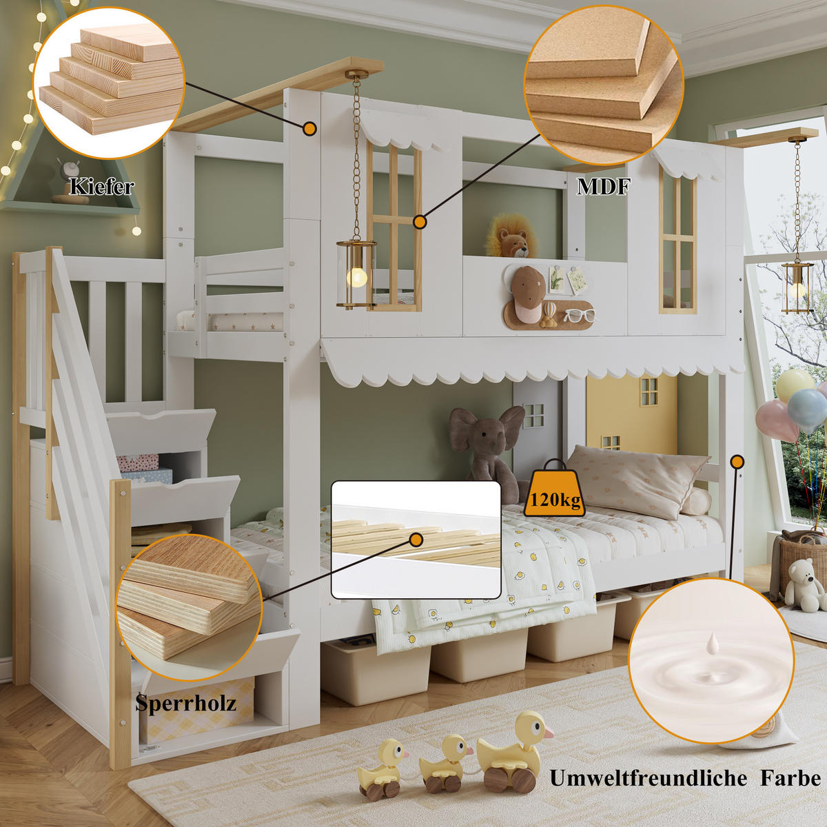 ETAGENBETT 90/200 cm mit Aufbewahrungstreppe, Fenstern und Dachkante aus Kiefernholz/MDF, Weiß/Natur - Weiß, Holz (90/200cm) - Redom
