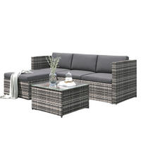 GARTENLOUNGE 196/136/67 cm grau aus Polyrattan und Stahl mit Kissen und Glastisch - Grau, Metall - OKWISH