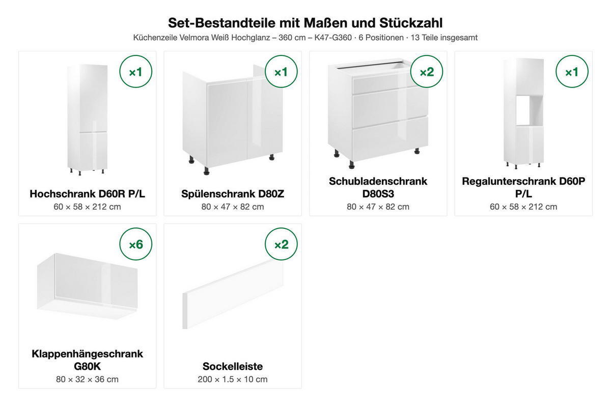 KÜCHENZEILE – 360 cm – K47-G360 – Velmora – Weiß – ohne E-Geräte - Weiß, Holz (360/212/58cm) - ROYAL24_MARKT