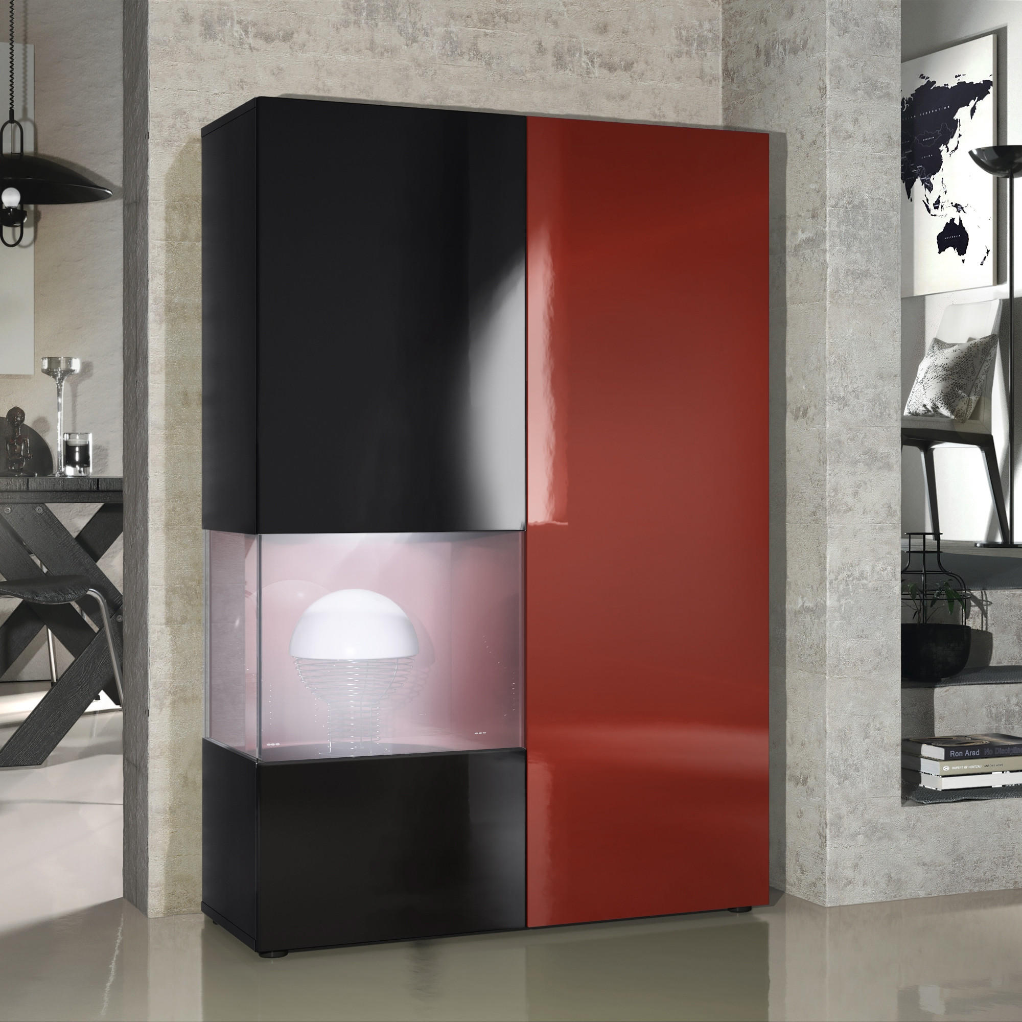 VITRINE Morena Tür und Einsatz in Bordeaux Hochglanz - Bordeaux, Holzwerkstoff (91.5/136.5/37cm) - Vladon