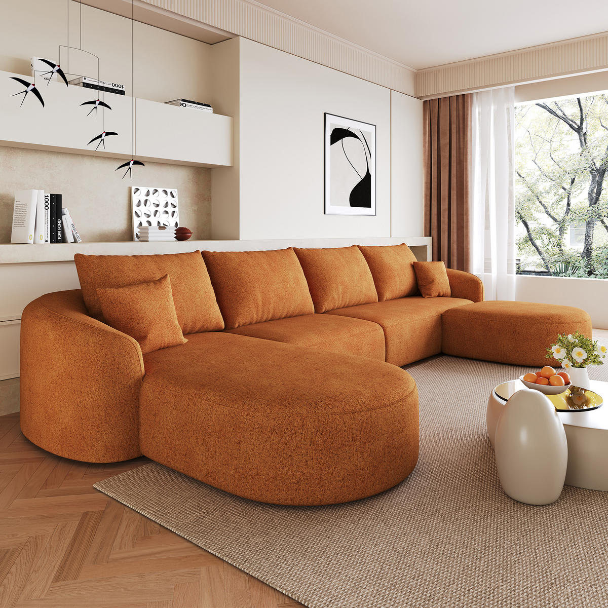 WOHNLANDSCHAFT Links, 3-Sitzer U-Form 336 cm ohne Montage, DE-34817, Orange - Orange, Textil (336/85/168cm) - ComfortXL
