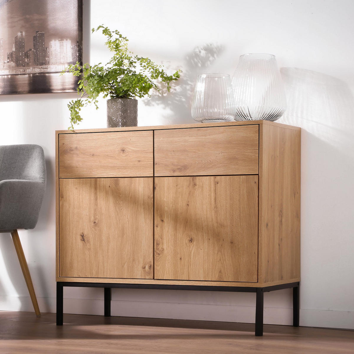 KOMMODE 2 Türen2 SchubladenEichendekor 40/80/90 cm - Eichefarben, Holzwerkstoff (90/80/12.5cm) - Calicosy