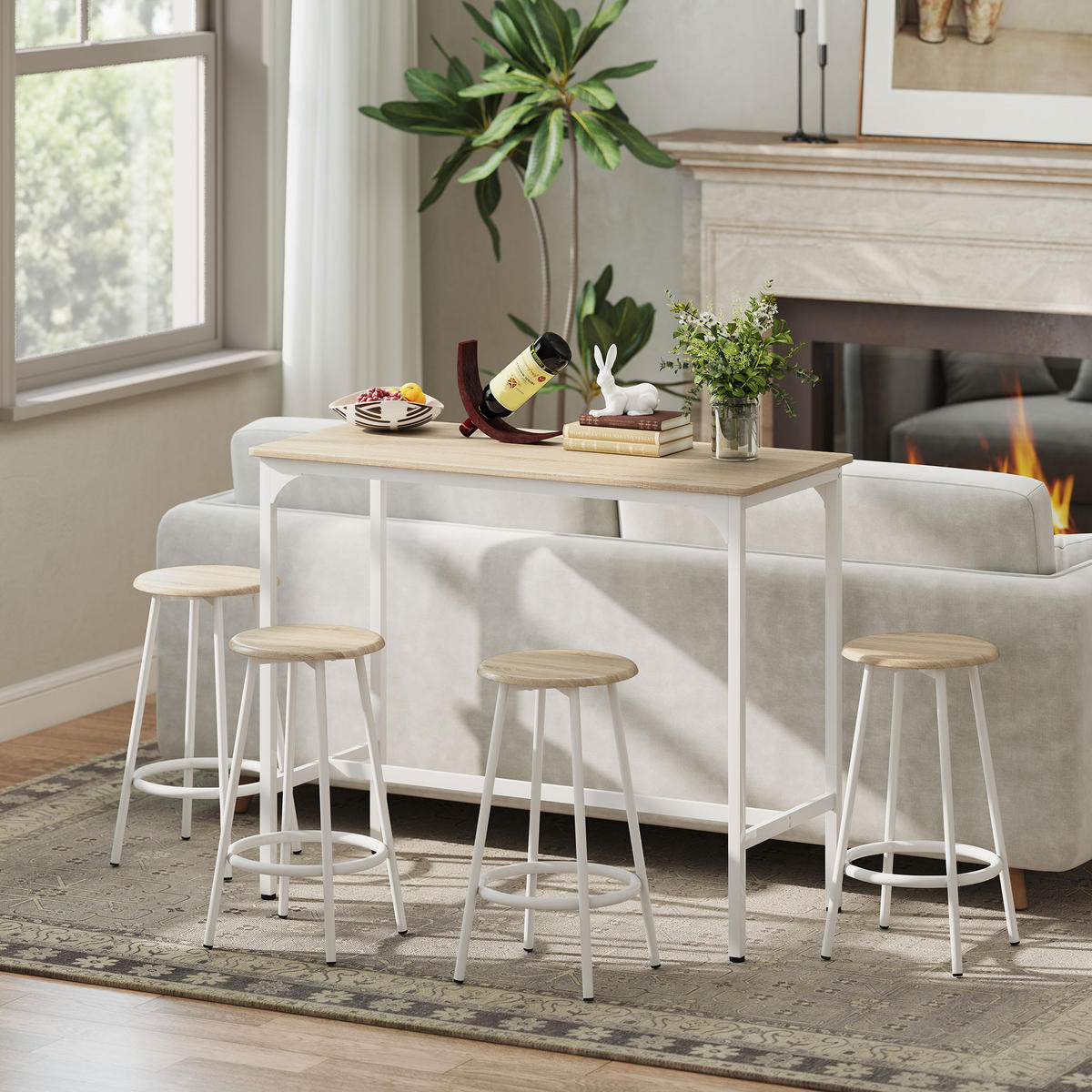 BARTISCH-SET DE-14809 4 Hocker mit Fußstütze Holzoptik/Weiß - Braun, Metall (110/50/89.5cm) - ComfortXL
