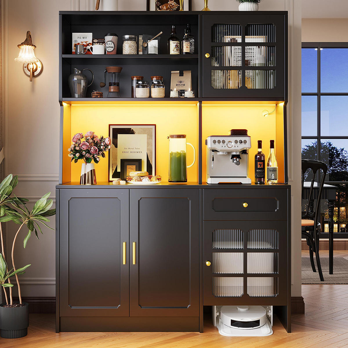 SCHRANK Küchenbuffet Schwarz 130/45/180 cm - Schwarz, Holzwerkstoff (130/180/45cm) - Zephmum