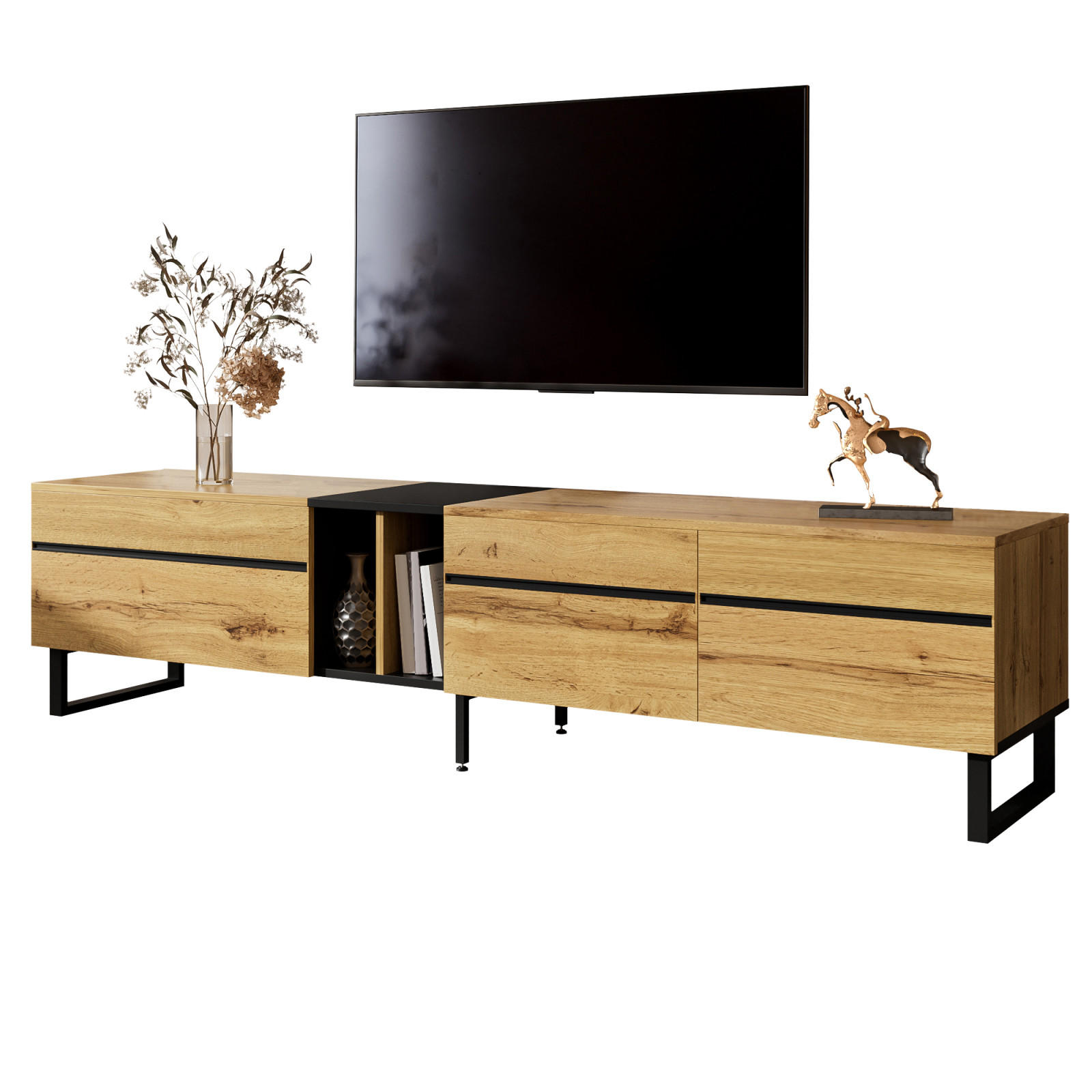 TV Lowboard 180 cm, Klappfach, offene Fächer, Doppeltüren - Braun, Holz (180/45/38cm)