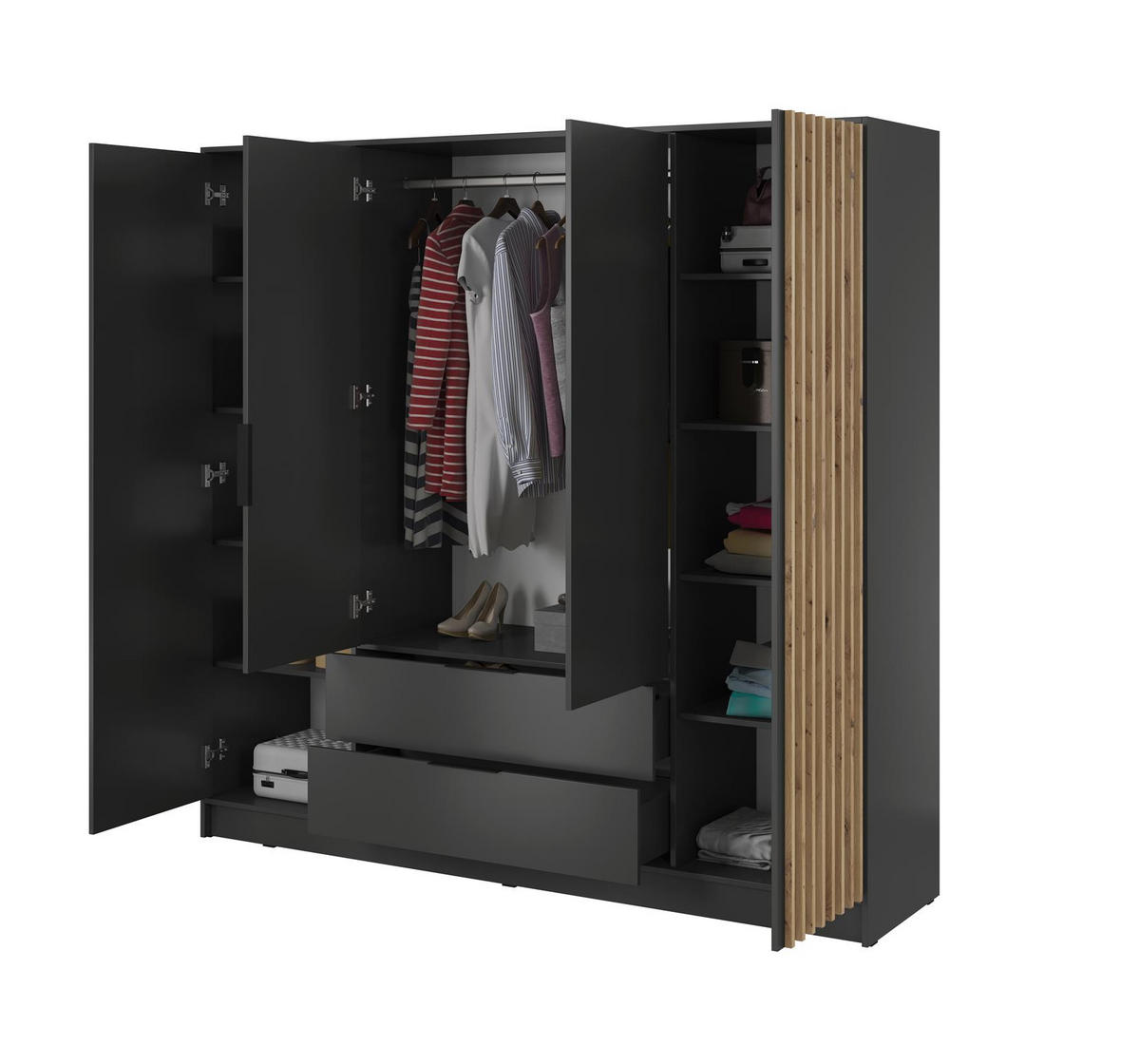 KLEIDERSCHRANK Nelly Graphit, vierürige Schrank, Garderobe mit Schubladen - Graphitfarben, Holzwerkstoff (206/200/51cm) - Bettso