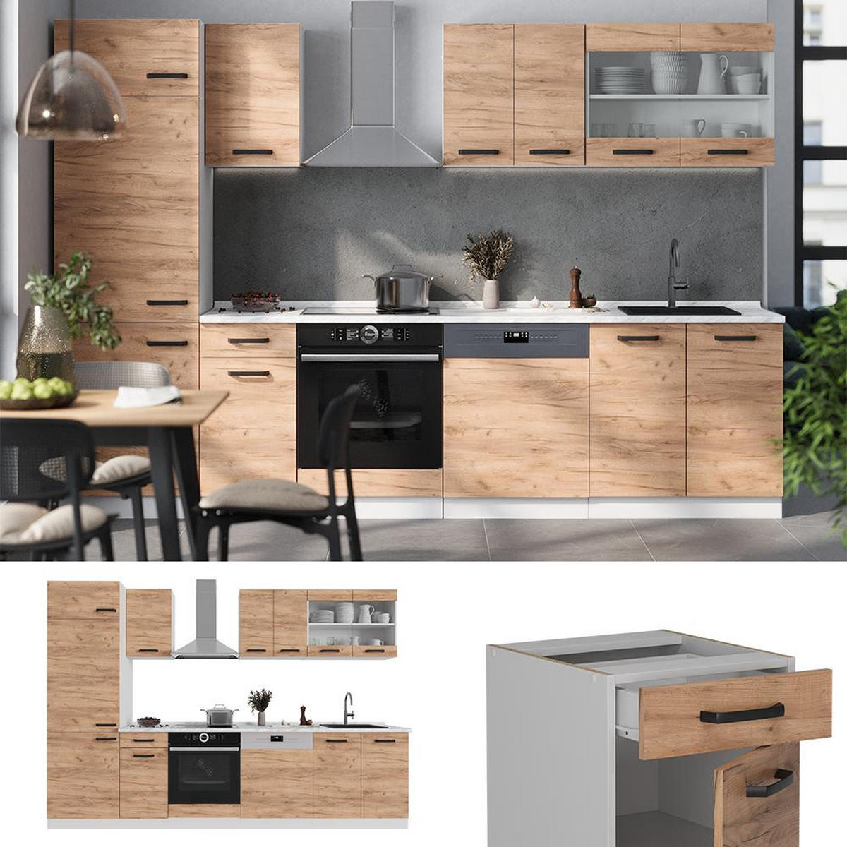 KITCHENETTE R-Line Stejar Goldkraft/alb 300 cm marmură AP - stejar miere/alb, compozit lemnos (300/206.8/60cm) - Vicco