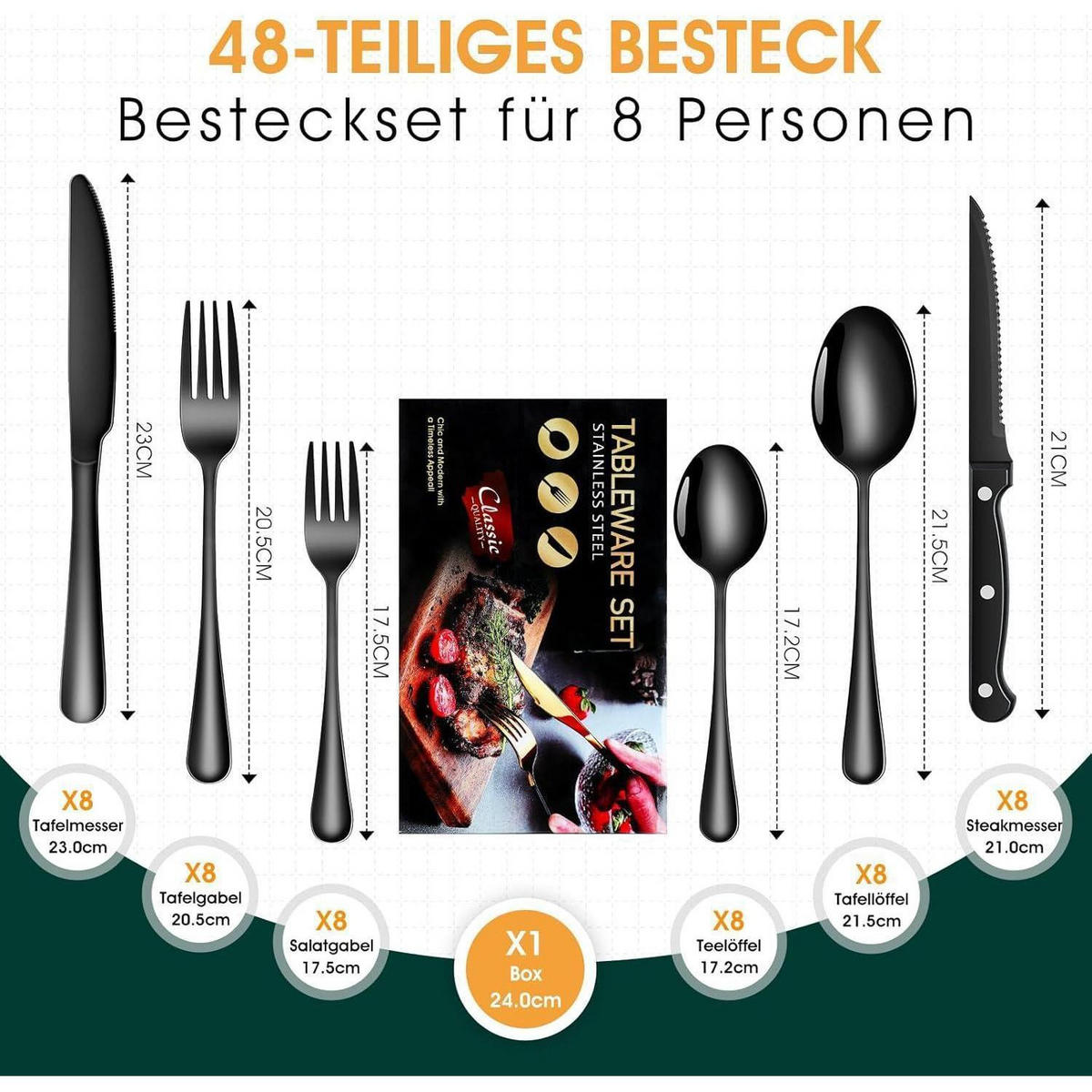 BESTECKSET 48-teilig Edelstahl Schwarz 8 Personen - Schwarz, Metall