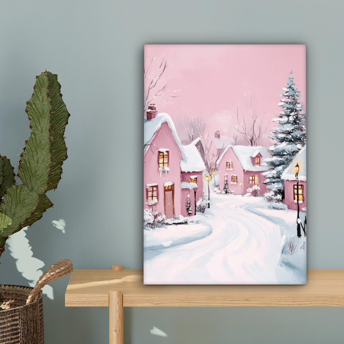 LEINWANDBILD Weihnachtsdorf - Rosa - Winter - Schnee - Häuser 20x30 cm - Altrosa, Textil (20/30cm) - MuchoWow