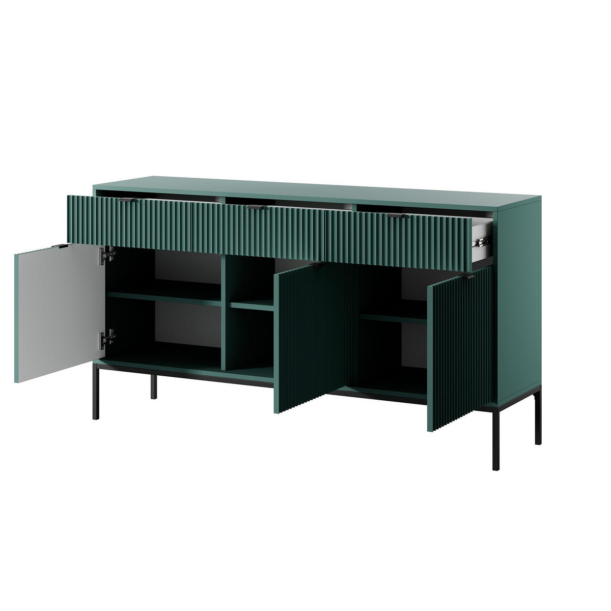 KOMMODE Nova Grün, Schwarze Beine und Schwarze Griffe, Dreitürig - Schwarz/Grün, Holzwerkstoff/Metall (154/83/39cm) - Bettso