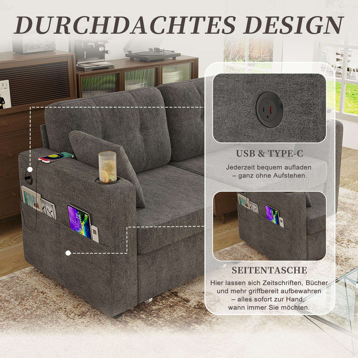 2-SITZER SOFA Chenille Grau mit USB, Schubladen und Getränkehaltern - Grau, Textil/Metall (172/82/75cm) - WISHDOR