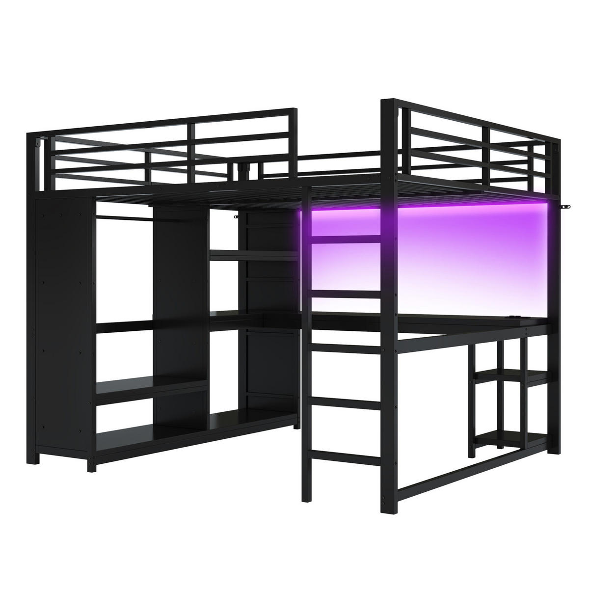 HOCHBETT 160/200 cm in Schwarz mit Schreibtisch, offenem Stauraum und LED-Beleuchtung - Schwarz, Metall (160/200cm) - Flora Grace