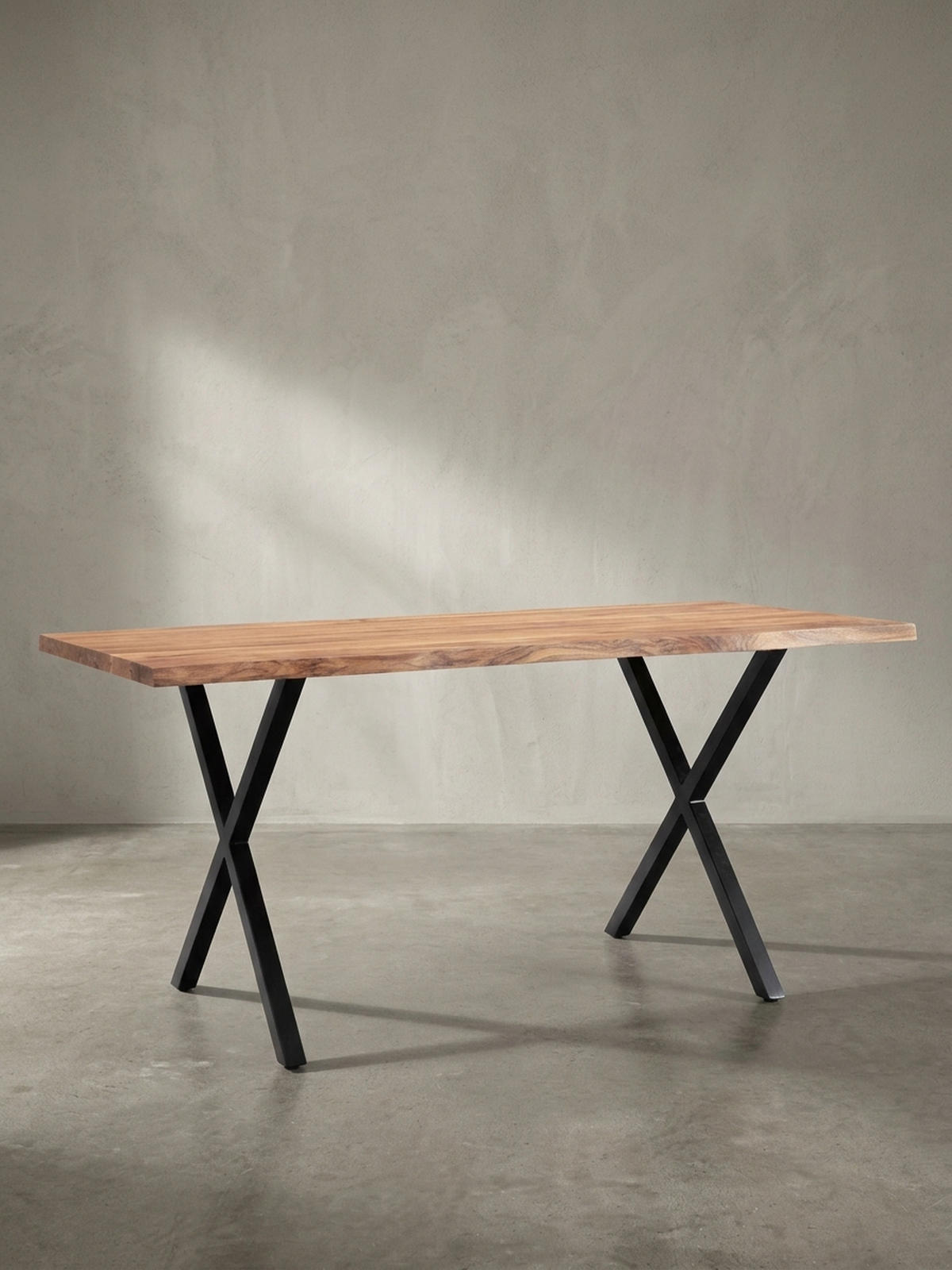 ESSTISCH Massivholz Metall X-Gestell Baumkante Industrial KRETA, Goldbraun-Schwarz 140x80x76 cm - Schwarz/Braun, Holz/Metall (80/140/76cm) - KADIMA DESIGN