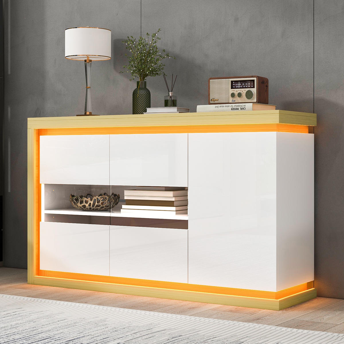 SIDEBOARD LED Hochglanz Glas 4 Fächer 140cm Modern Weiß - Weiß, Holzwerkstoff (140/84/40cm) - FLIEKS