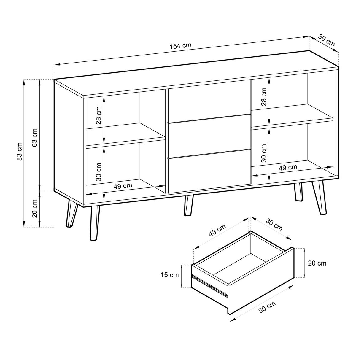 SIDEBOARD VILLETTA 154/83/39 cm mit 3 Schubladen 2 Türen Schwarz - Schwarz/Eiche Artisan, Holzwerkstoff (154/83/39cm) - MASSENO