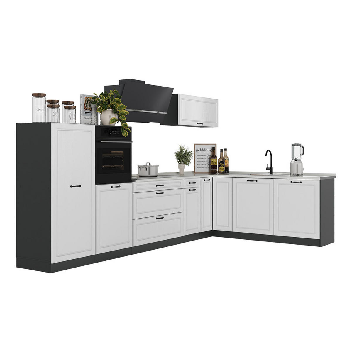 ROHOVÁ KUCHYŇA R-Line, Biely vidiecky dom/antracitová, 347 x cm antrasiitti työtaso - biela/antracitová, kompozitné drevo (347/143/60cm) - Vicco