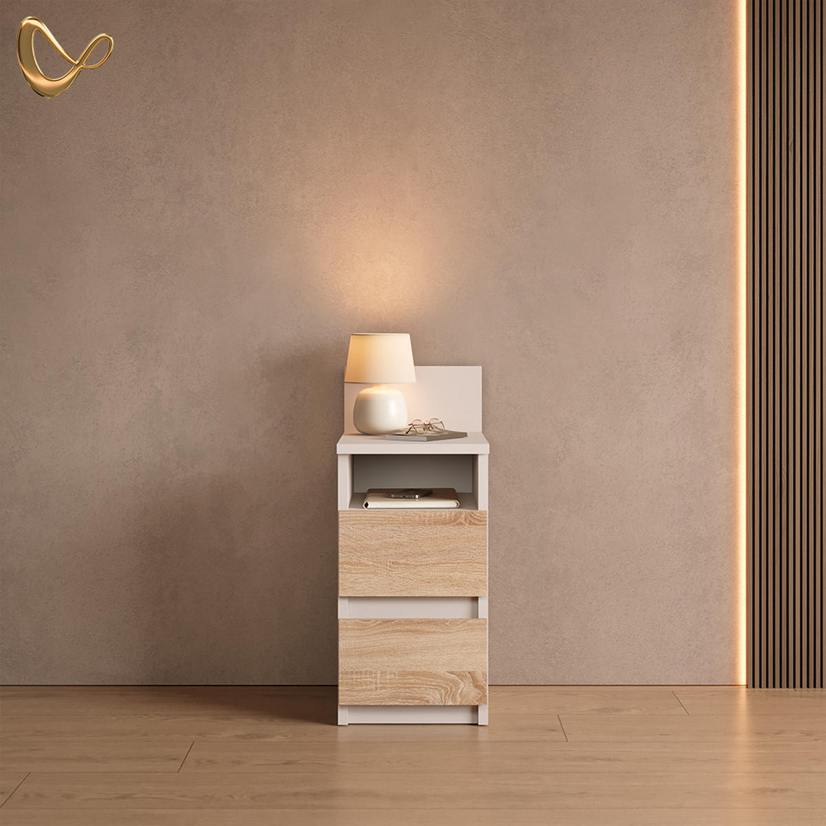 NACHTTISCH Roya, Weiß/Sonoma, 25 x 59.1 cm mit 2 Schubladen - Weiß/Sonoma Eiche, Holzwerkstoff (25/59.1/32.3cm) - Livinity®