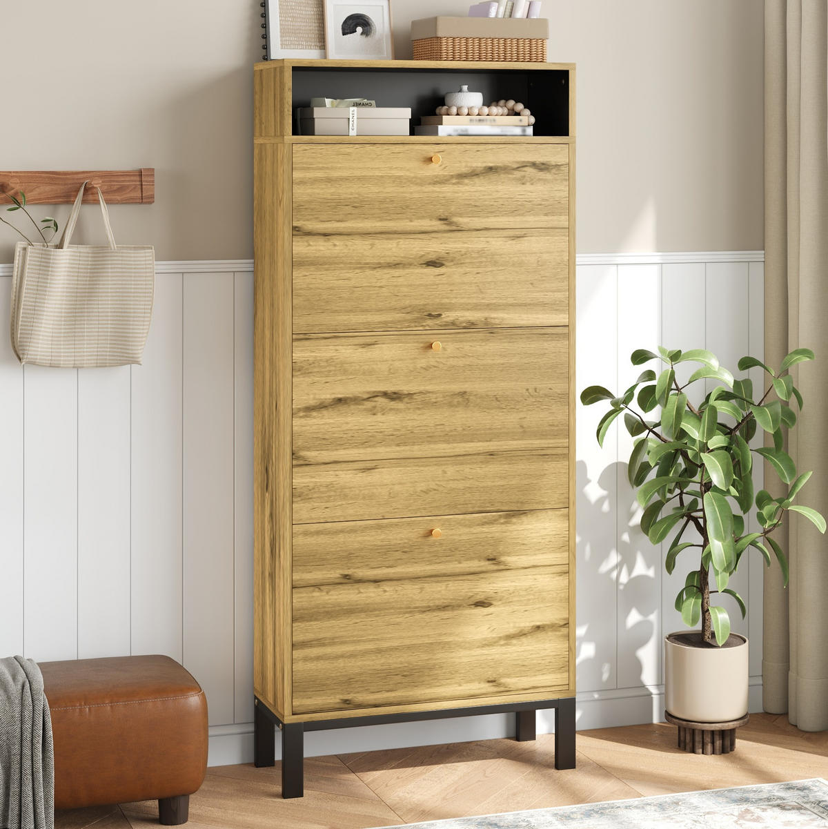 SCHUHSCHRANK 63/24/147 cm in Natur mit 3 Klappen und offenen Fächern - Naturfarben, Holzwerkstoff (63/147/24cm) - Flora Grace