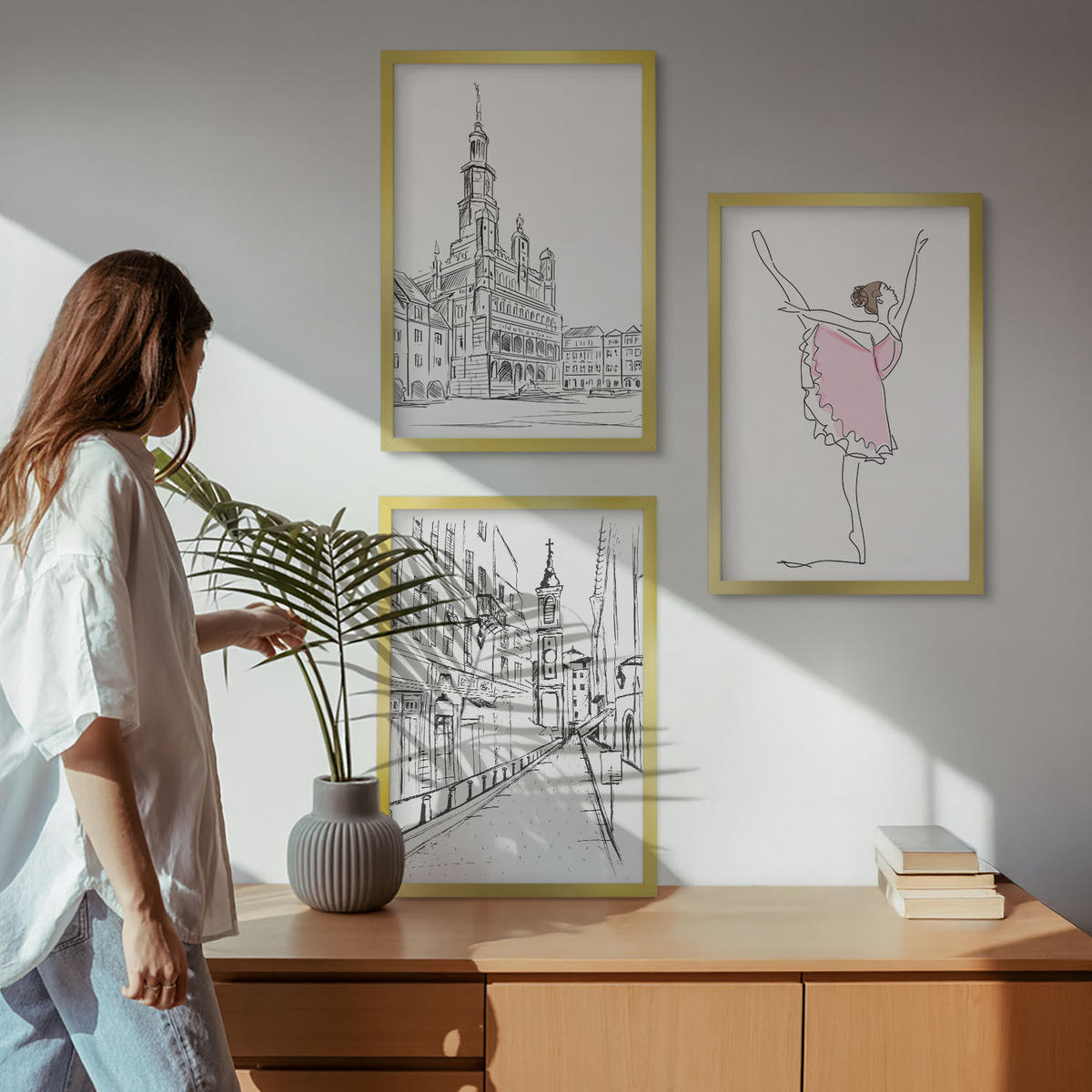 BILDER SET 3er Set - 40x60 cm Goldrahmen - Stilvolle Ballerinen und Architektur - Goldfarben, Kunststoff (40/60cm) - TULUP