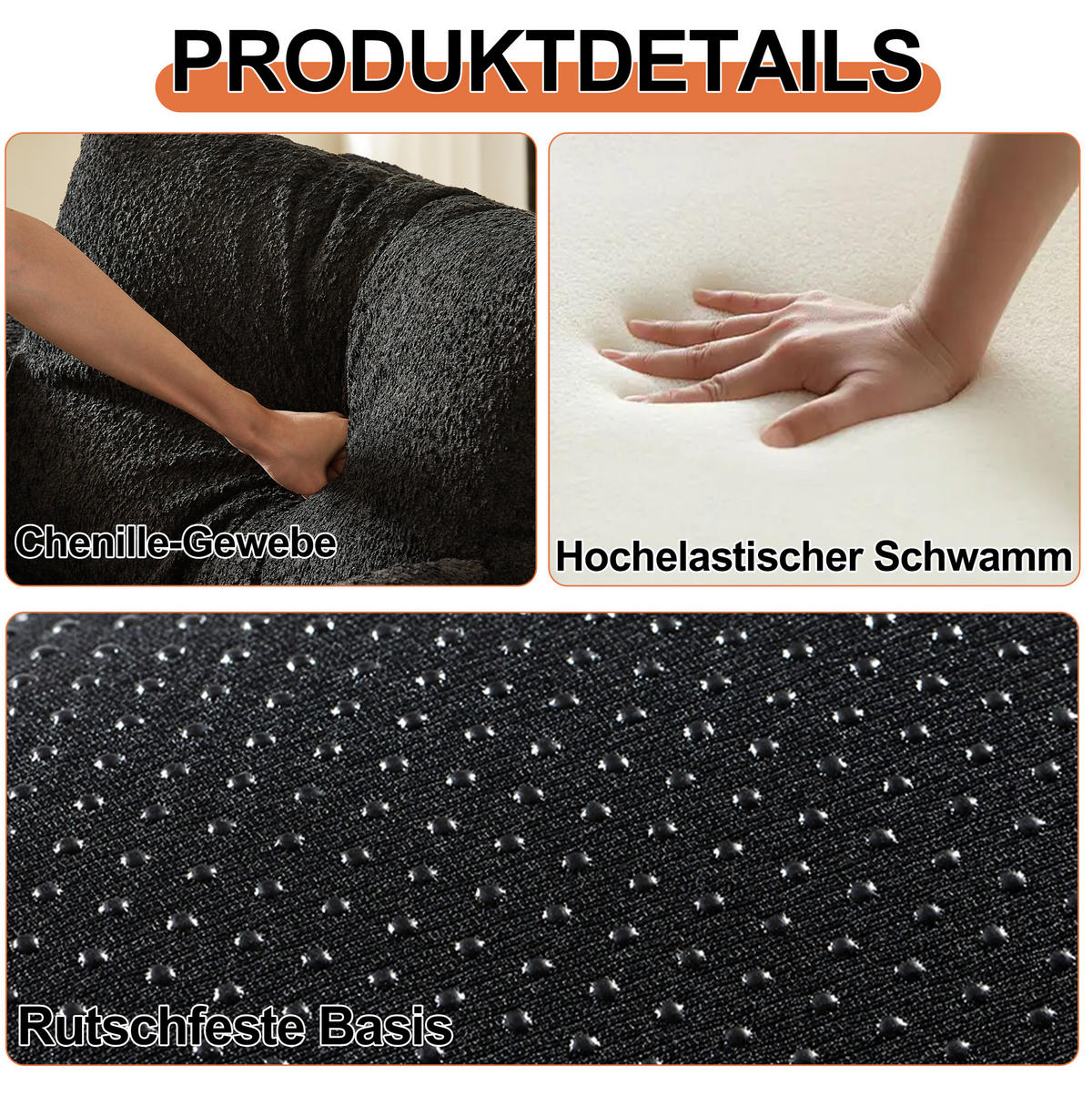 SCHLAFSOFA 2-in-1, Chenille mit Armlehnen-Staufach & Stahlrahmen, 91,4/274/69,8 cm, Schwarz - Schwarz, Textil (91.4/69.8/274cm) - Redom