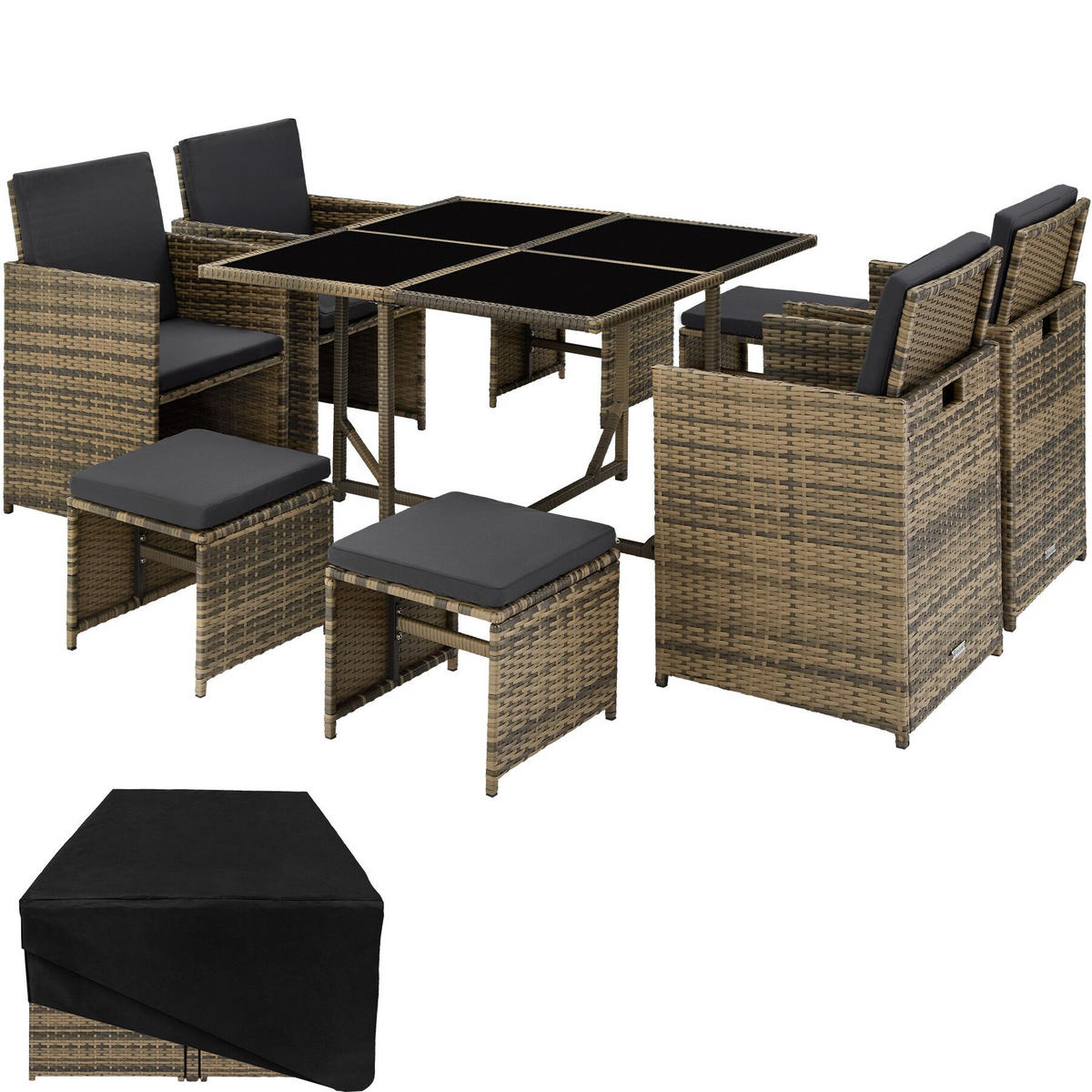 RATTAN SITZGRUPPE Bilbao,zusammenschiebbar, inklusive Schutzhülle,natur - Naturfarben, Kunststoff - tectake