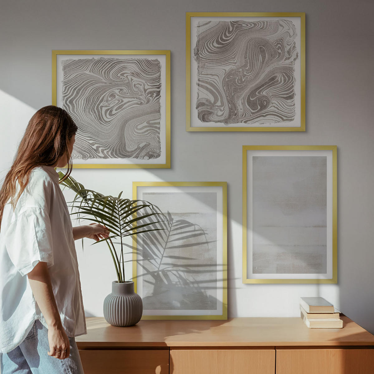 BILDER SET 4er Set - 50x50 cm & 40x60 cm Goldrahmen - Abgenutzte Texturen, moderner Stil - Goldfarben, Kunststoff (50/50cm) - TULUP