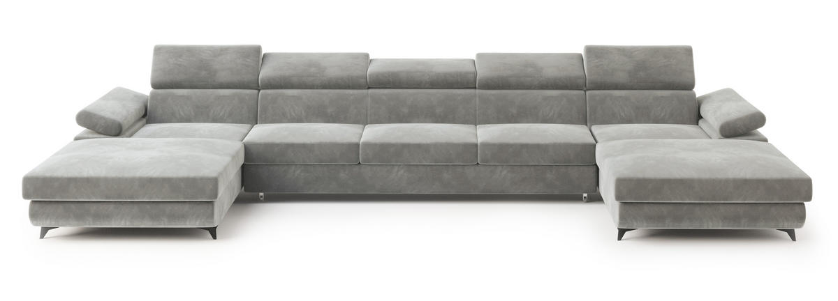 WOHNLANDSCHAFT VIVENTE Hellgrau Velours-Stoff mit Schlaffunktion - Hellgrau, Holz (410/89/190cm) - MASSENO