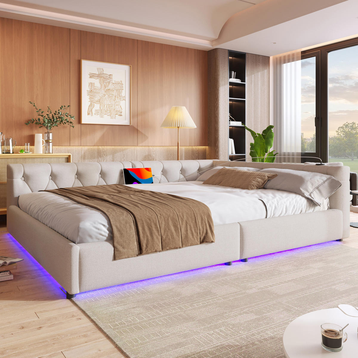 ČALÚNENÁ posteľ 140/200 cm z ľanu a MDF, béžová s LED osvetlením a USB - béžová, textil (140/200cm) - BEAOK