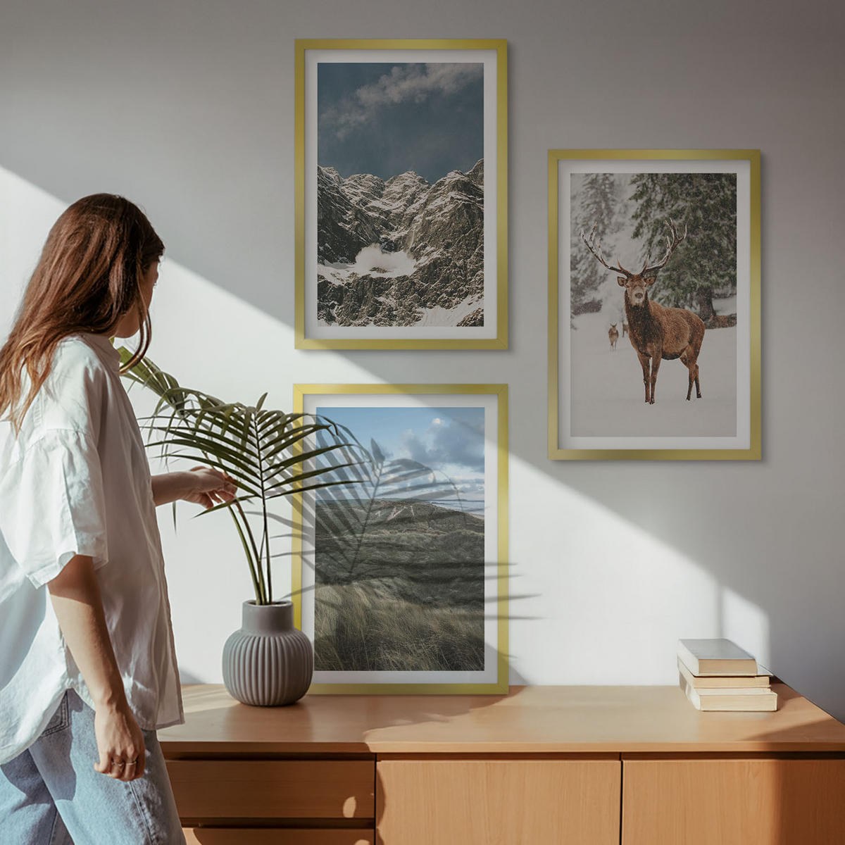 BILDER SET 3er Set - 40x60 cm Goldrahmen - Berge, Schnee, Hirsche, Waldlandschaft - Goldfarben, Kunststoff (40/60cm) - TULUP