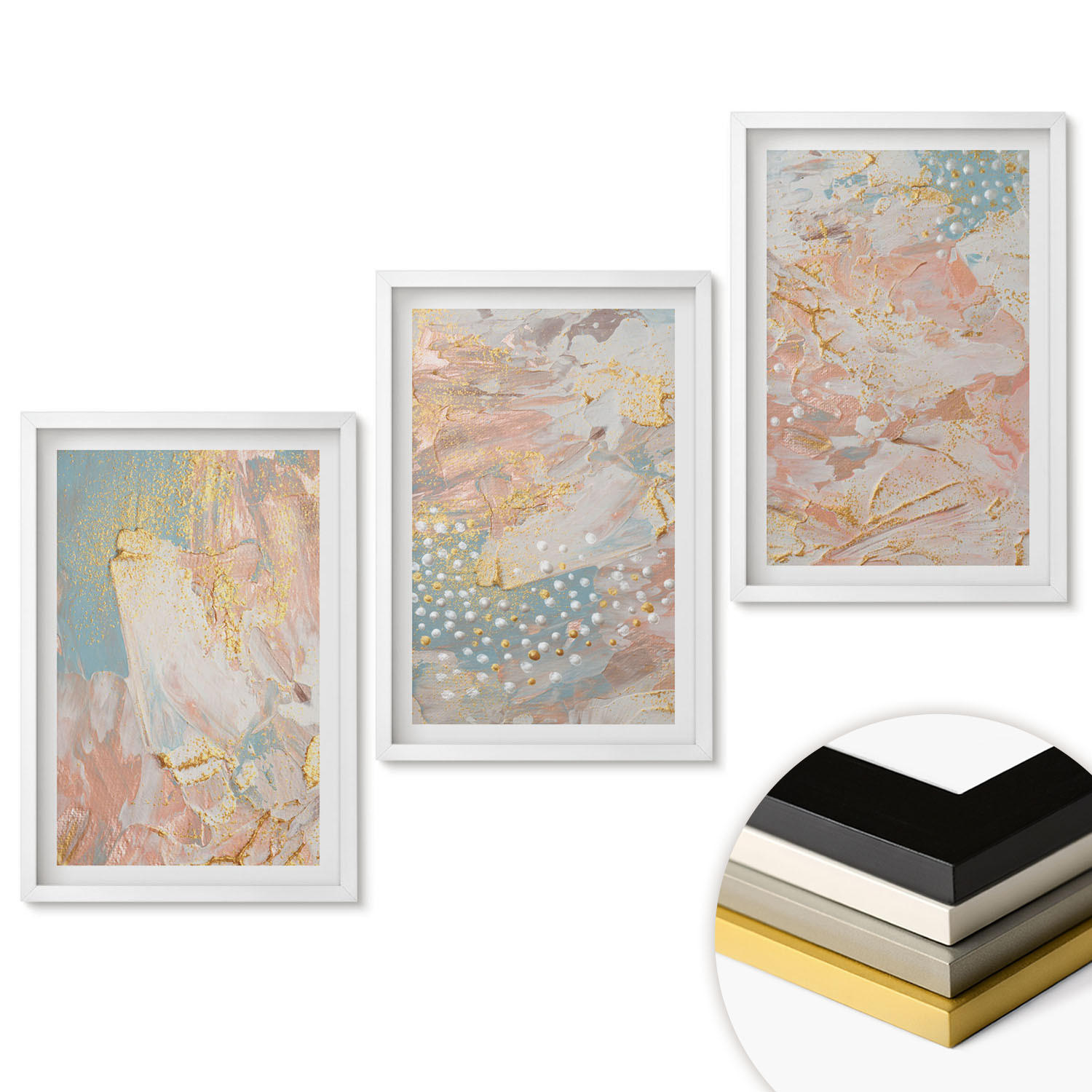 WANDBILDER 3er-Set - 40x60 cm Weißer Rahmen - Abstrakte Pastellmuster - Weiß, Kunststoff (40/60cm) - ArtPrintCave
