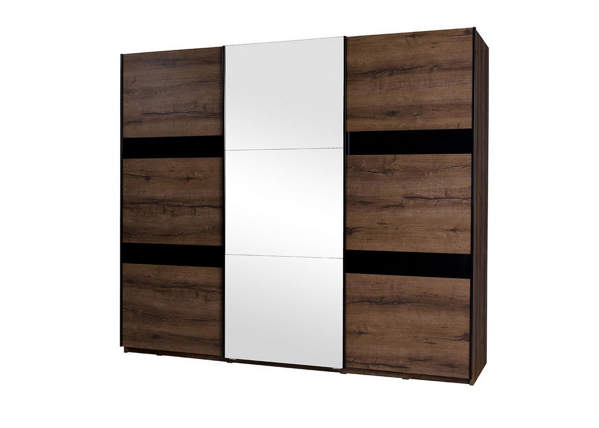 SCHWEBETÜRENSCHRANK Martin 250/215/69 3-türig mit Spiegel - Schwarz Hochglanz/Schwarz, Glas/Holzwerkstoff (250/215/69cm) - Ravio