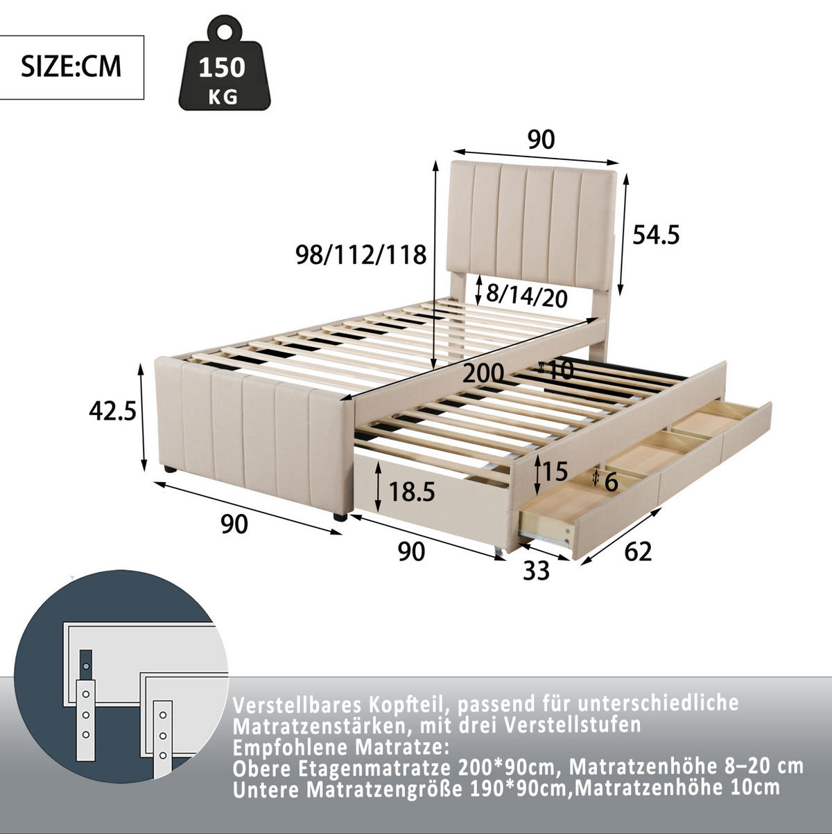 POLSTERBETT 90/200 cm mit Ausziehbett und 3 Schubladen, höhenverstellbarem Kopfteil und Leinenbezug, Beige - Beige, Textil (90/200cm) - Redom