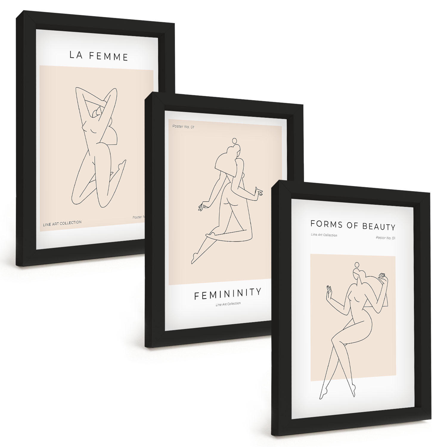 BILDER SET 3er Set - 20x30 cm Schwarzer Rahmen - Poster mit minimalistischen Frauensilhouetten - Schwarz, Kunststoff (20/30cm) - TULUP