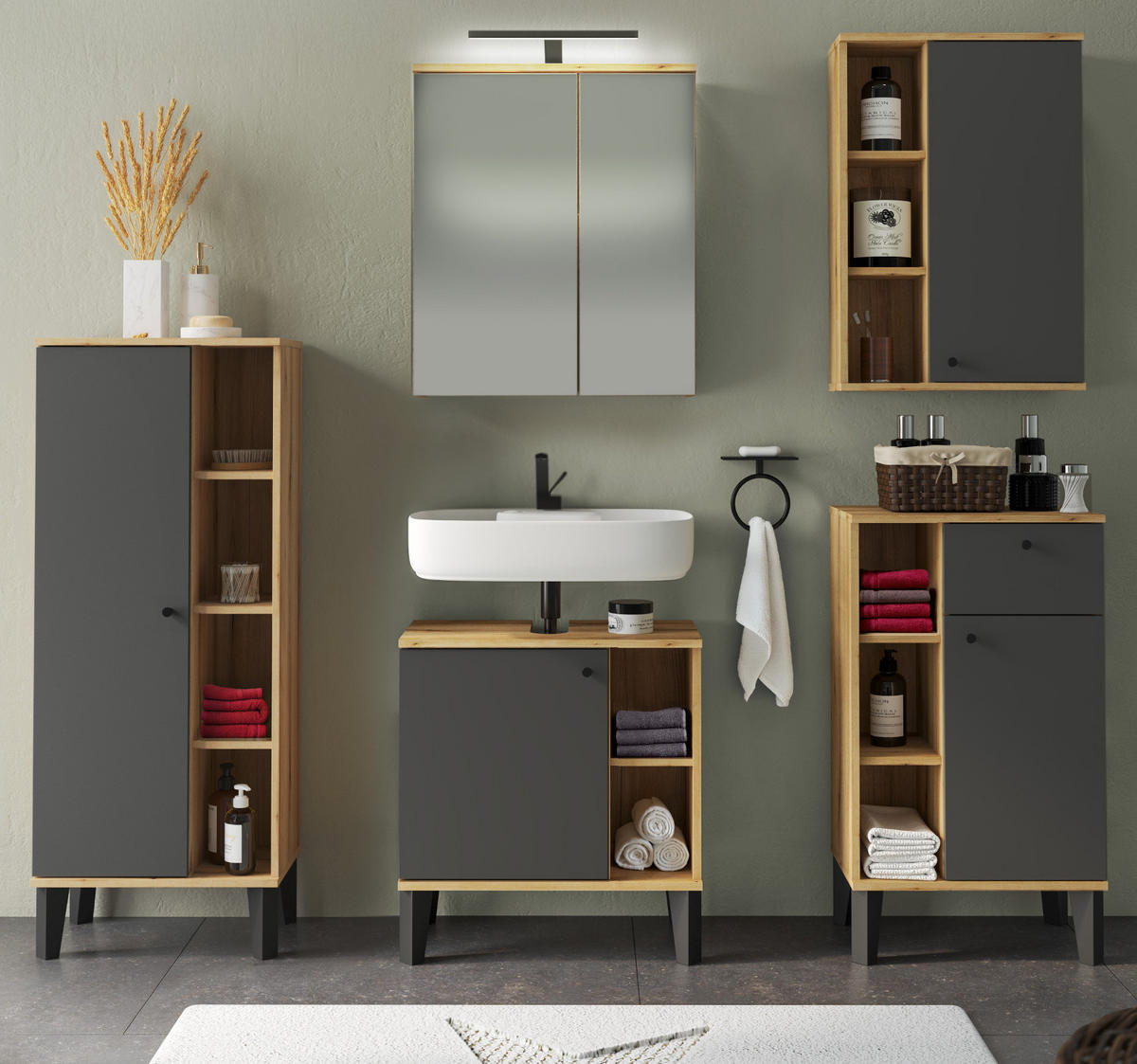 BADMÖBEL-SET 5-teilig grau, Evoke Eiche, Badkombination, 182 x 190 cm - Eichefarben/Grau, Glas/Holzwerkstoff (182/190/33cm) - Furn.Design