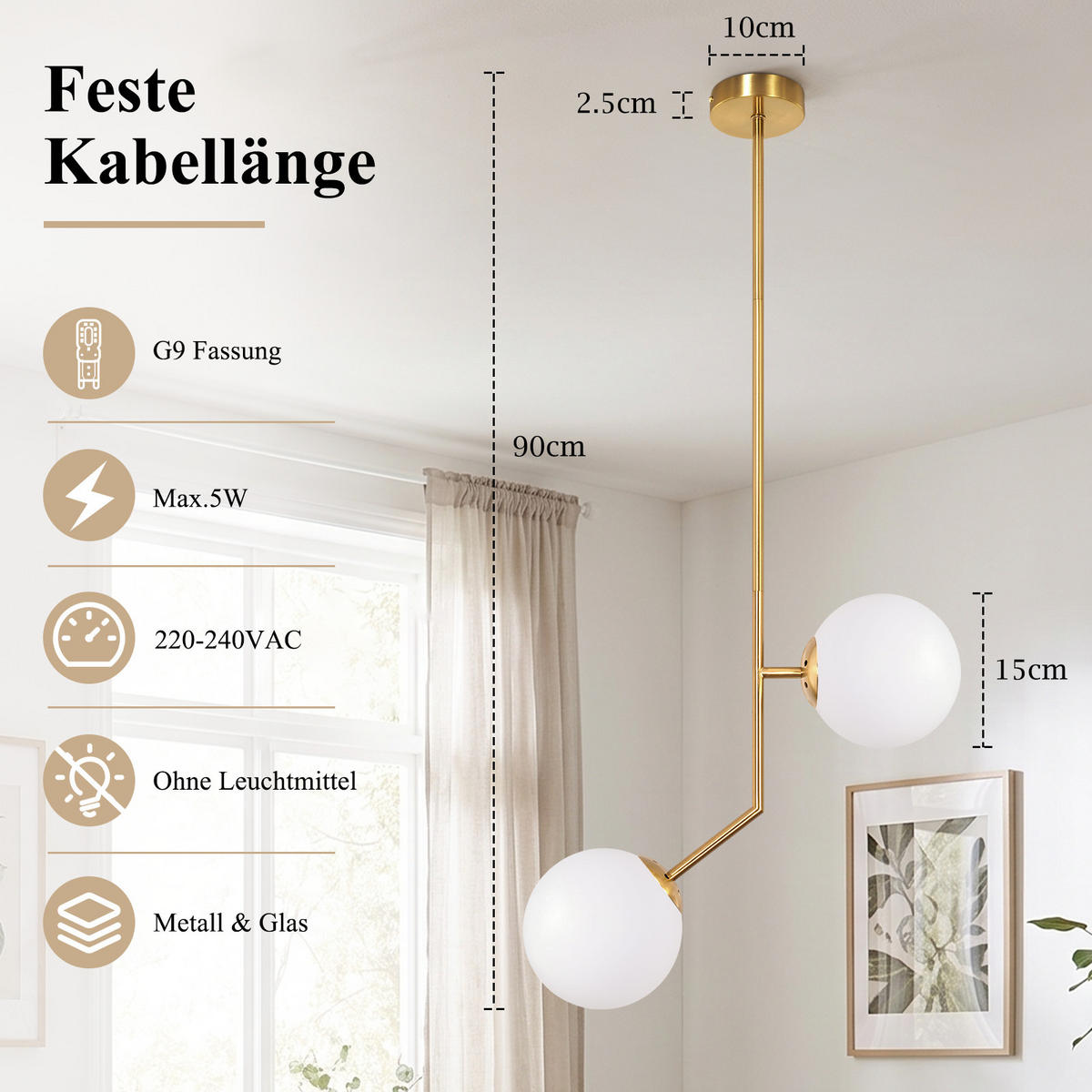 PENDELLEUCHTE Aelvin 41/15/90 cm - Goldfarben/Weiß, Glas/Metall (41/15/90cm) - ZMH