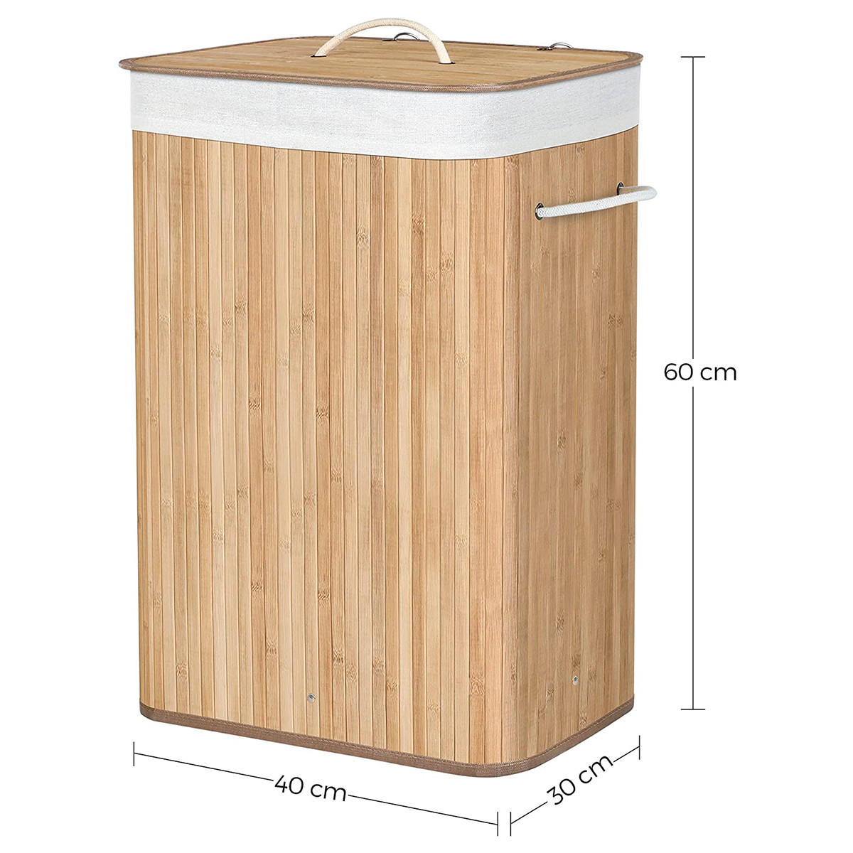 FALTBARER Wäschekorb aus Bambus mit 3 Griffen, 72L - L40 cm x H60 cm - Braun, Holz (30/60/40cm) - Calicosy