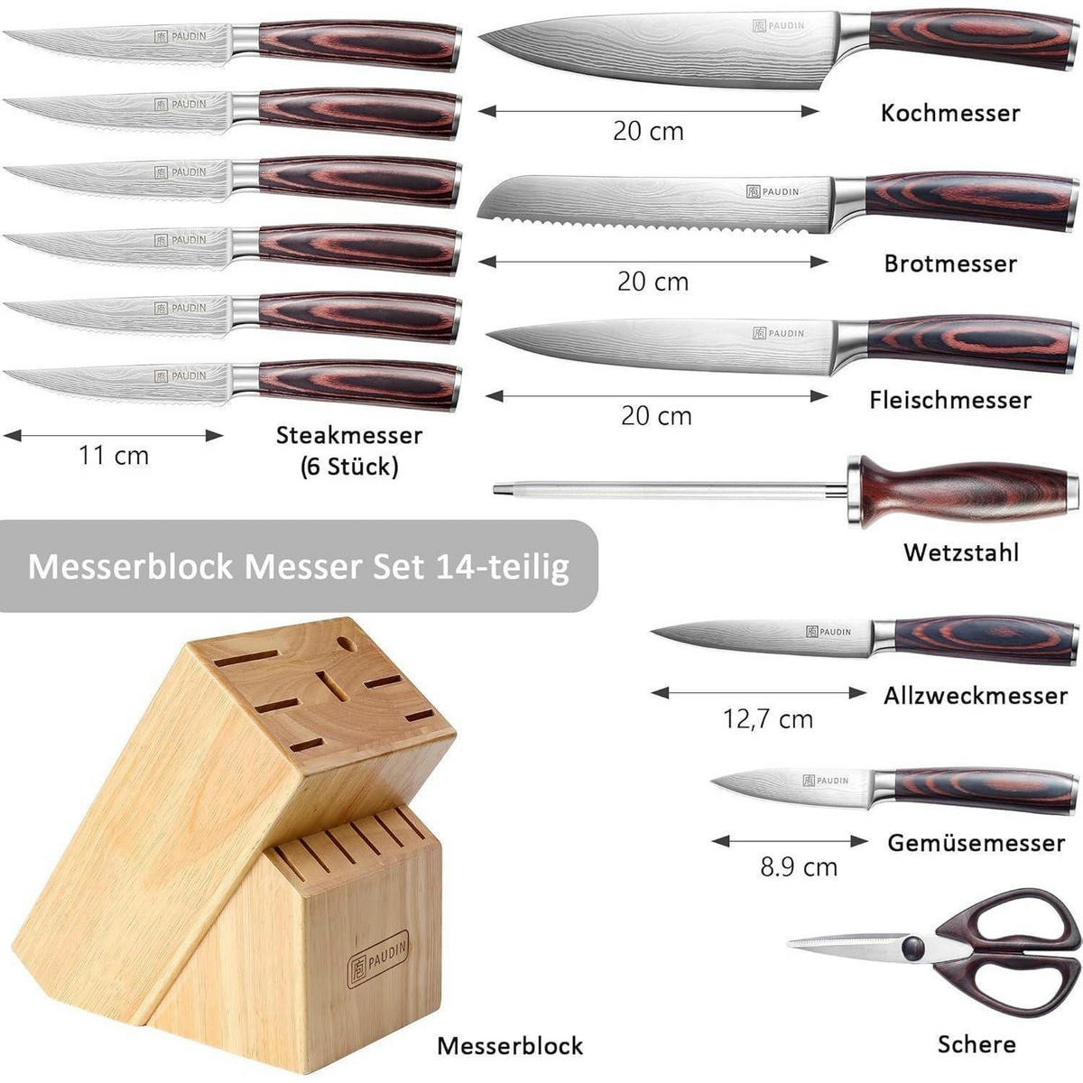MESSERBLOCK Set 14-teilig Edelstahl mit Holzblock und Wetzstahl - Multicolor, Holz