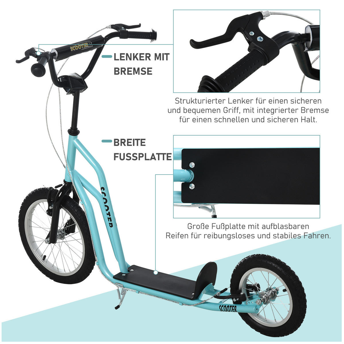 KINDERROLLER ab 5 jahre Scooter Cityroller Kinder Luftreifen verstellbar Blau - Blau, Metall (135/58/88cm) - HOMCOM