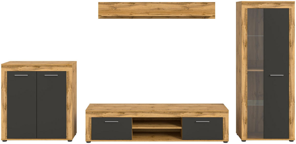WOHNWAND Milo 4 tlg. (B/H/T: ca. 330/159/40 cm) in Wotan Eiche /grau - Eiche Wotan, Holzwerkstoff (330/159/40cm)
