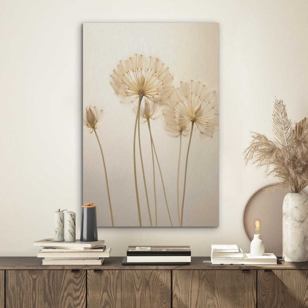 AKUSTIKBILD Sonnenlicht - Löwenzahn - Botanisch - Blumen Kunstdruck Schlafzimmer 50x70 cm - Creme, Kunststoff (50/70/0.9cm) - MuchoWow