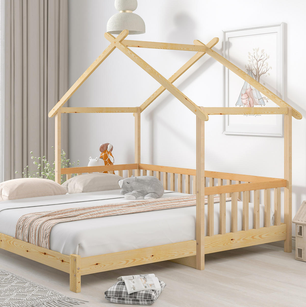 HAUSBETT 90/200 cm aus Kiefer massiv – ausziehbar von 90 auf 180/200 cm - Naturfarben, Holz (90/200cm) - BEAOK