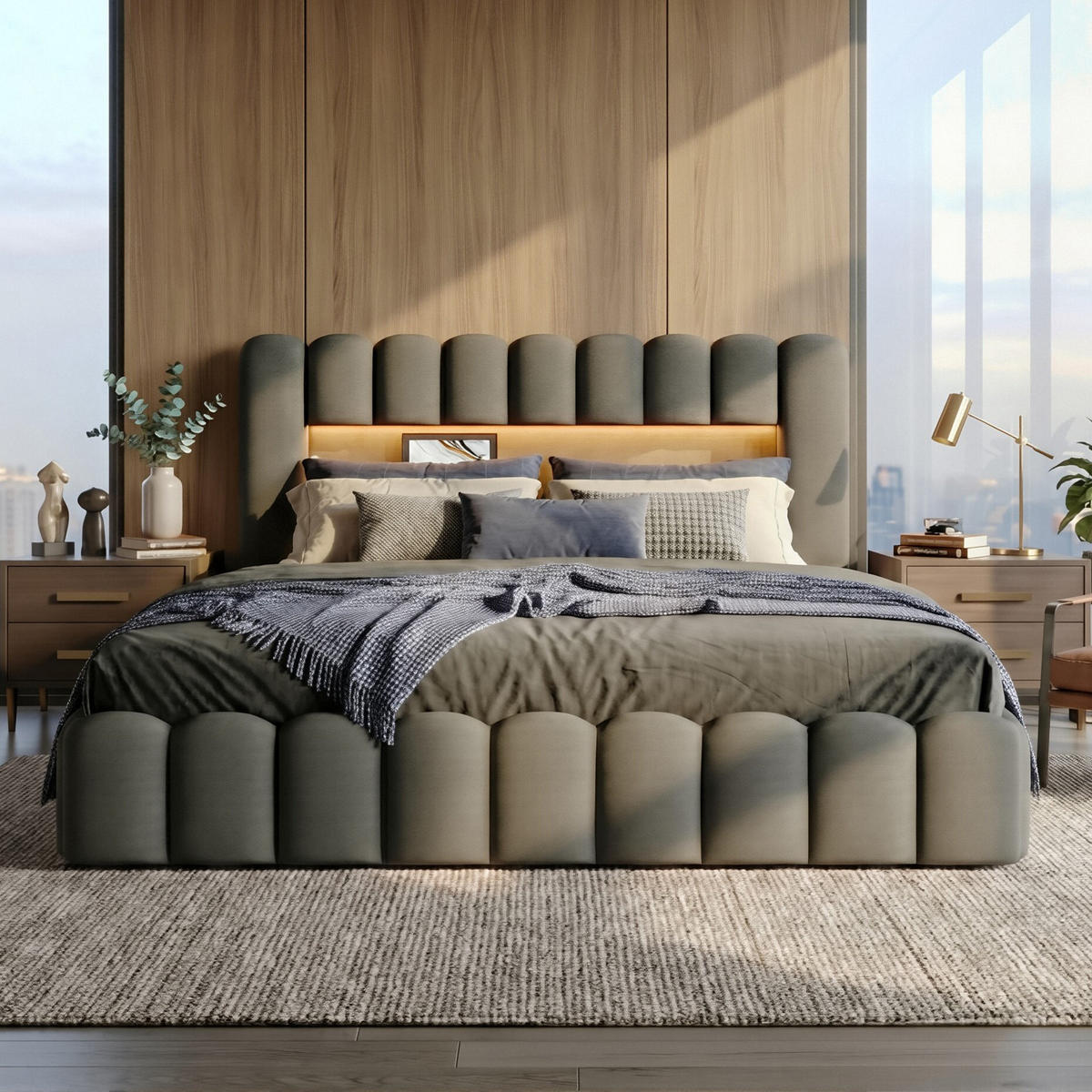 POLSTERBETT Modern 160/200 cm mit Bettkasten LED & USB Leinenoptik Grau - Grau, Textil (160/200cm) - Creahappy
